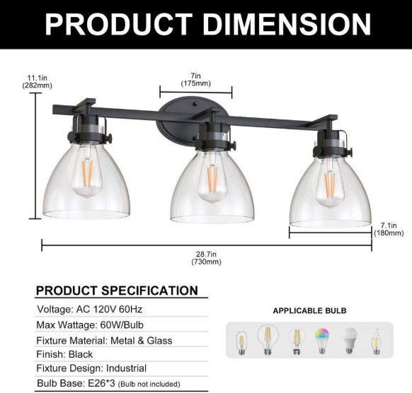 YANSUN29 in. 3-Light Vanity Light Modern Bathroom Fixture with Elegant Design