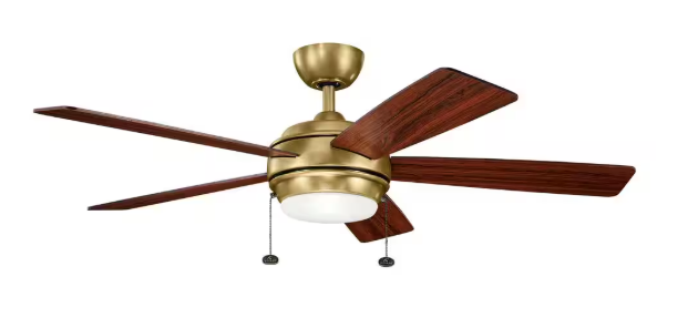 KICHLER Starkk 52 in. Indoor Natural Brass Downrod Mount Ceiling Fan with Integrated LED with Pull Chain 330174NBR