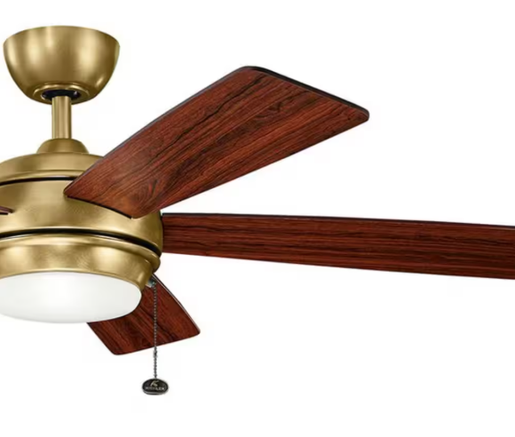 KICHLER Starkk 52 in. Indoor Natural Brass Downrod Mount Ceiling Fan with Integrated LED with Pull Chain 330174NBR