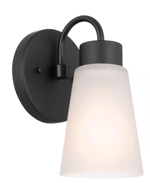 KICHLER Erma 1-Light Black Bathroom Indoor Wall Sconce Light with Satin Etched Glass Shade