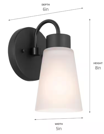 KICHLER Erma 1-Light Black Bathroom Indoor Wall Sconce Light with Satin Etched Glass Shade
