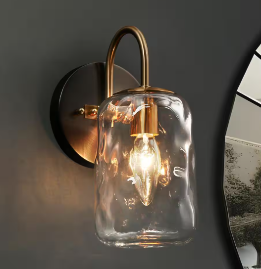 LNC Gunmetal Gray 1-Light Wall Light Modern Brass Mason Jar Textured Glass Shade Powder Room Bathroom Vanity Light LRMVJM290W1E8C