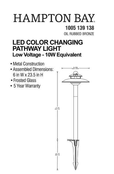Hampton Bay 83 Lumen Low Voltage Oil Rubbed Bronze LED Weather Resistant Outdoor Landscape Path Light with Adjustable Light Color JTM1501L-2