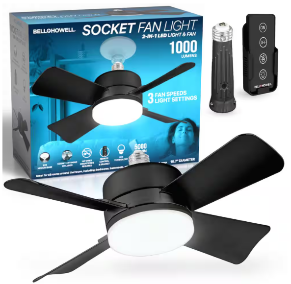 Bell + Howell 15.7 in. Indoor Matte Black LED Socket Ceiling Fan with Remote 2299QPH