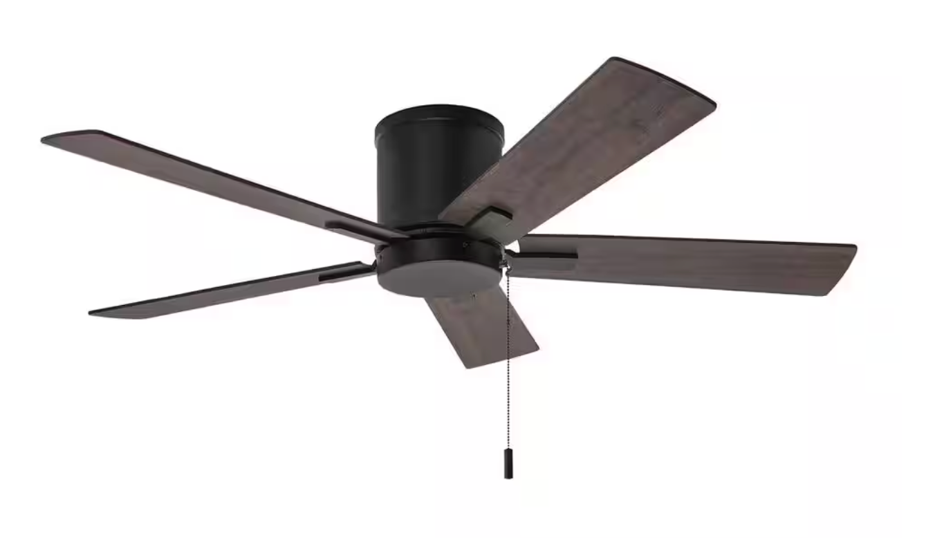 Hampton Bay Grantway 48 in. Indoor/Covered Outdoor Matte Black Low Profile Ceiling Fan Without Light with Pull Chain Included RD5114B-MBK