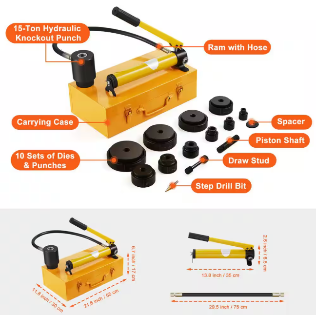 SKYSHALO Hydraulic Knockout Punch Kit, 15 Ton 1/2in. to 4in. Conduit Hole Cutter Set, KO Tool Kits SD15T240CR2MM8SYBV0-0613