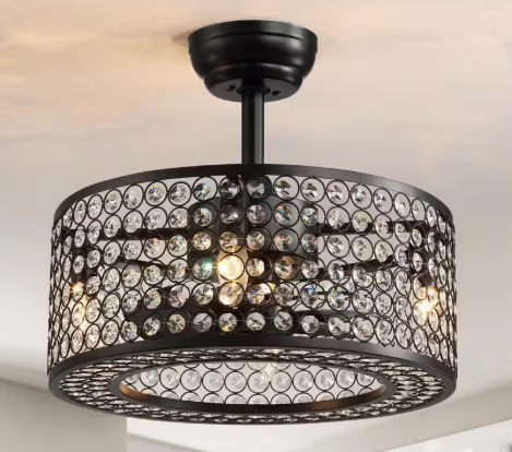 ANTOINE 17 in. Black Ceiling Fan Caged Ceiling Fan Indoor with Lights and Remote Enclosed Ceiling Fan Crystal Fandelier