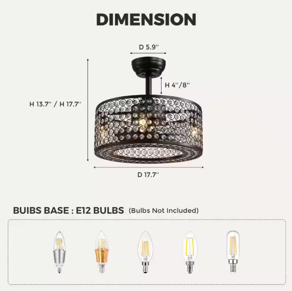 ANTOINE 17 in. Black Ceiling Fan Caged Ceiling Fan Indoor with Lights and Remote Enclosed Ceiling Fan Crystal Fandelier