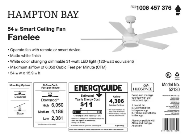 Hampton Bay Fanelee 54 in. White Color Changing LED Matte White Smart Ceiling Fan with Light Kit and Remote Powered by Hubspace 52130