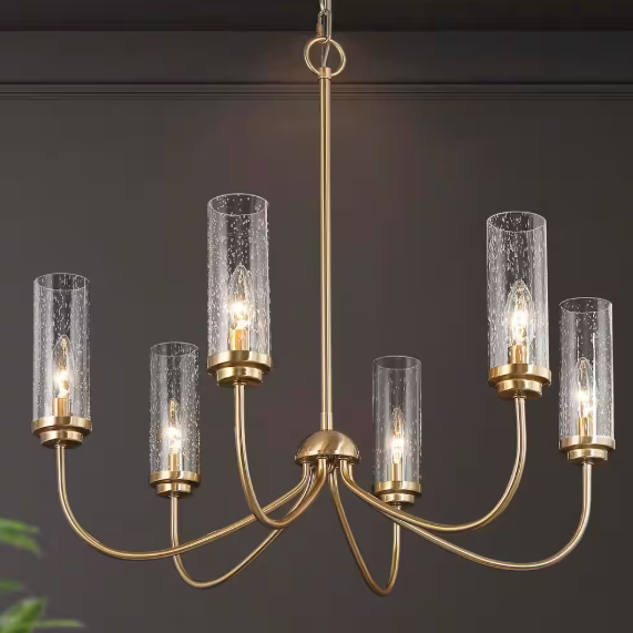 LNC Plated Brass Linear Candlestick Island Chandelier 6-Light Pendant Light with Seeded Glass Shades for Bedroom Dining Room YQ636JHD14218Y7
