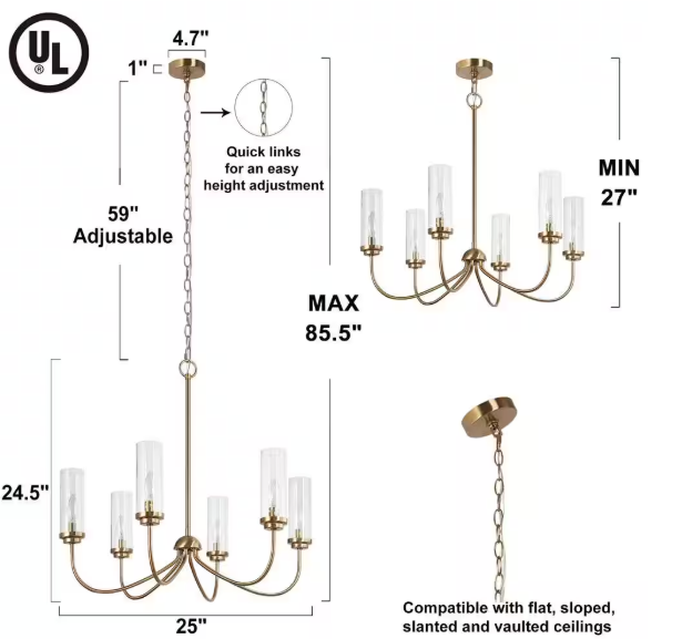 LNC Plated Brass Linear Candlestick Island Chandelier 6-Light Pendant Light with Seeded Glass Shades for Bedroom Dining Room YQ636JHD14218Y7