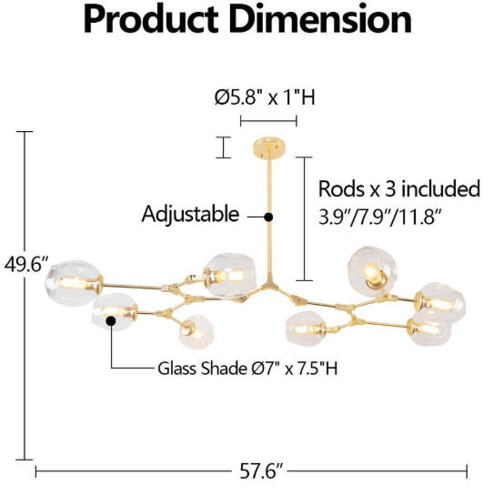 Bella Depot 8-Light Clear Modern Linear Chandelier with Gold Adjustable Arms and Glass Shades BD1031-8-TM