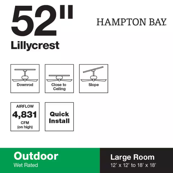 Hampton Bay Lillycrest 52 in. Indoor/Outdoor Matte White Ceiling Fan with Downrod and Reversible Motor; Light Kit Adaptable 32718