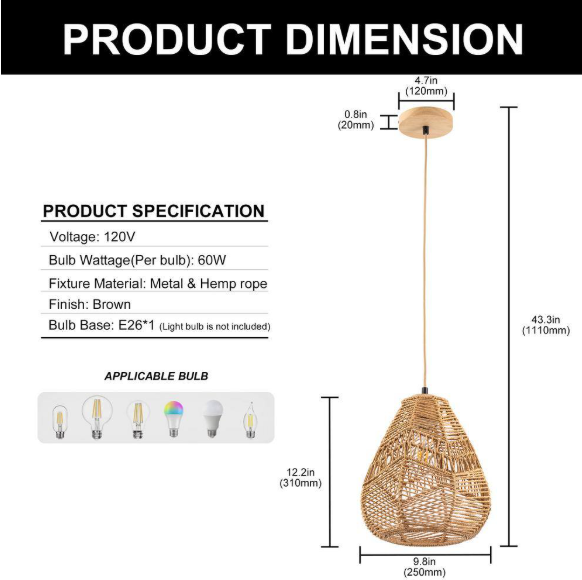 YANSUN 60-Watt 10 in. 1-Light Rope Mini Pendant Light with Rope Shade and No Bulbs Included HA-CX15801AA-11
