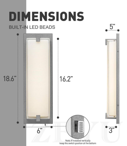 JAZAVA 6 In.30-Watt Dimmable Large 18.6 in. 1-Light Grey LED Wall Sconce Light with Glass Shade 5-Color Temperatures Adjustable HDZTH100BMLED G