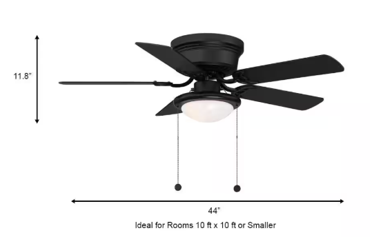 Hampton Bay Hugger 44 in. LED Indoor Matte Black Ceiling Fan with Light Kit AL383CPQ-MBK