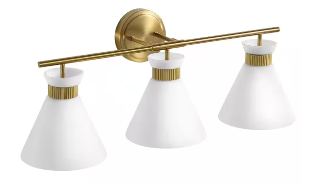 KAISITE 26.4 in. 3-Light Brushed Gold Vanity Light with Milk White Glass Shade Modern Bathroom Light Fixture 8090ML-03GD-US