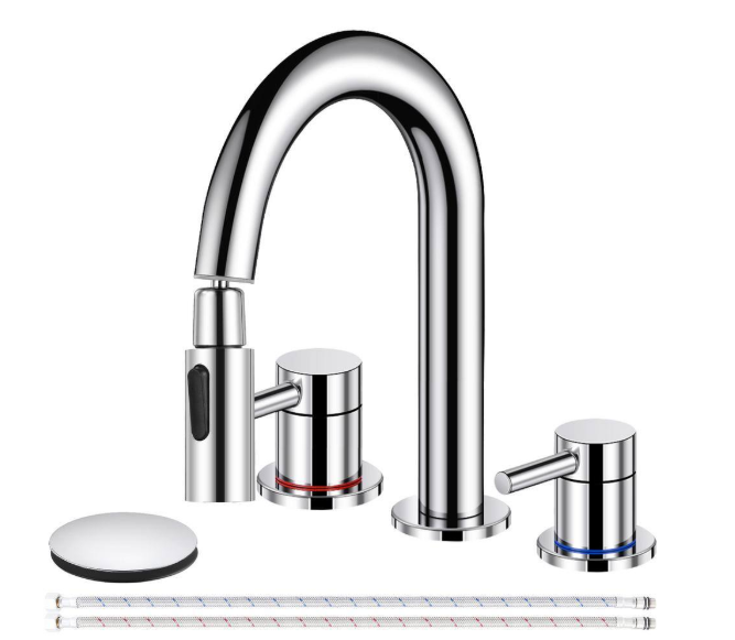 AKLFGN Bathroom Faucet with Pull Out Sprayer 3 Holes 8 in. 2 Handle, Vanity Faucet with Pop-Up Drain and Supply Hoses, Chrome B-BF-012C-XS