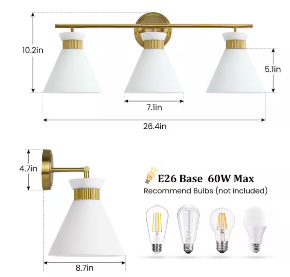 KAISITE 26.4 in. 3-Light Brushed Gold Vanity Light with Milk White Glass Shade Modern Bathroom Light Fixture 8090ML-03GD-US