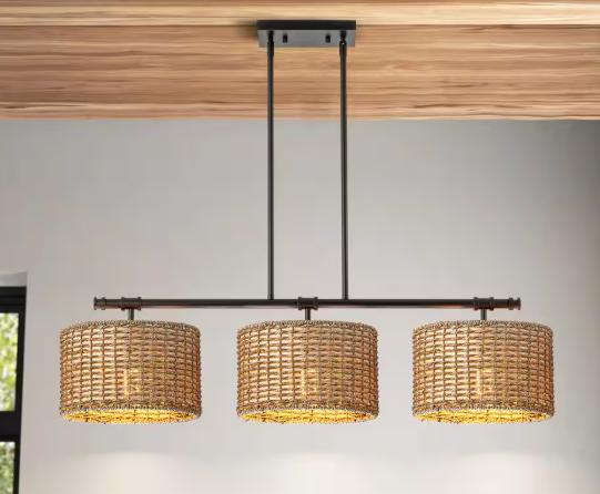 Rennnsan Terry 3-Light Black Farmhouse Linear Island Chandelier Light with Rattan Shades CL8101-62128