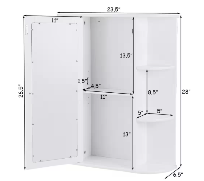 Gymax 23.5 in. W Bathroom Cabinet Single Door Shelves Mount Wall Cabinet with Mirror White GYM01632