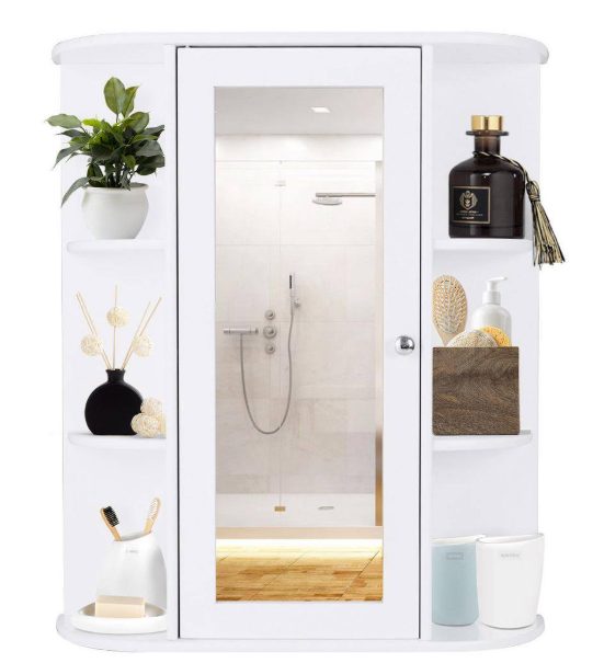 Gymax 23.5 in. W Bathroom Cabinet Single Door Shelves Mount Wall Cabinet with Mirror White GYM01632