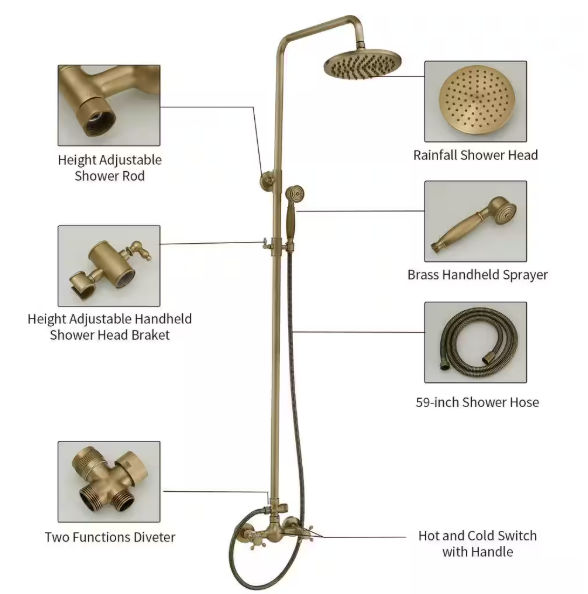 BWE 2-Spray Wall Bar Shower Kit 8 in. Round Rain Shower Head with Hand Shower Brass Pipe 2 Cross Knobs in Antique A-98023-Anti