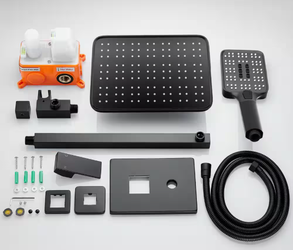 ELLO&ALLO 2-Handle 2- -Spray of Rain Shower Faucet and HandShower Combo Kit with Rectangle Shower Head in Black (Valve Included) ES-B-P160