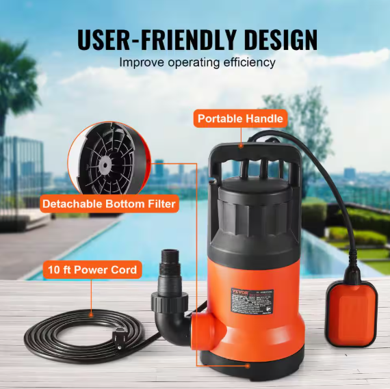 VEVOR 1 HP Thermoplastic Utility Pump 4000GPH Sump Pump Submersible Water Pump with 10 ft. Long Power Cord QSSZBSL10HP08XUGUV1