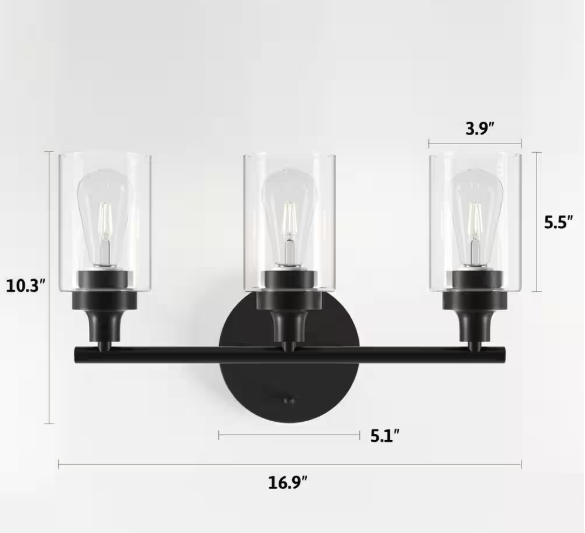 Merra 17 in. 3-Light Modern Matte Black Vanity-Light with Clear Glass Shade HCF-4030-BK-BNHD-1