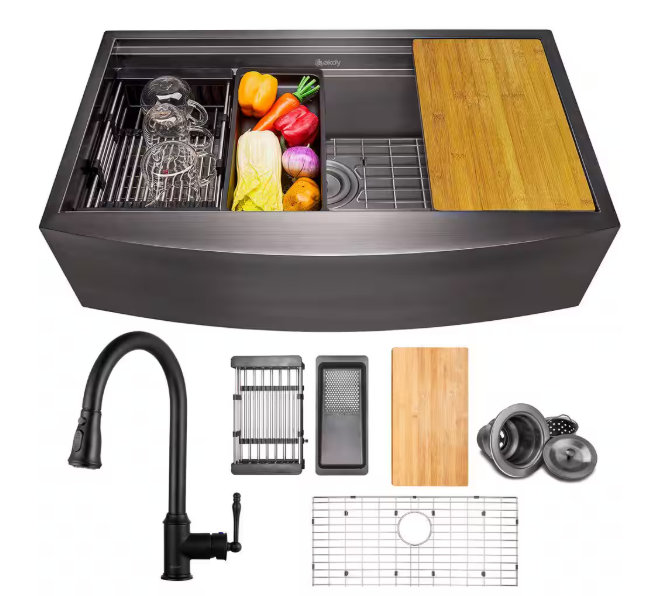 AKDY All-in-One Matte Black Finished Stainless Steel 33 in. x 22 in. Farmhouse Apron Mount Kitchen Sink with Pull-down Faucet KS0532-KF9