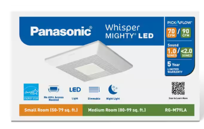Panasonic Whisper Mighty LED Pick-A-Flow 70-90CFM Ceiling/Wall ENERGY STAR Bathroom Exhaust Fan 9.5 in. x 9.5 in. Grille Footprint RG-M79LA
