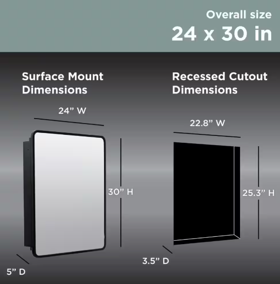 Glacier Bay 24 in. W x 30 in. H Rounded Corner Rectangular Matte Black Medicine Cabinet with Mirror EZMST24HD