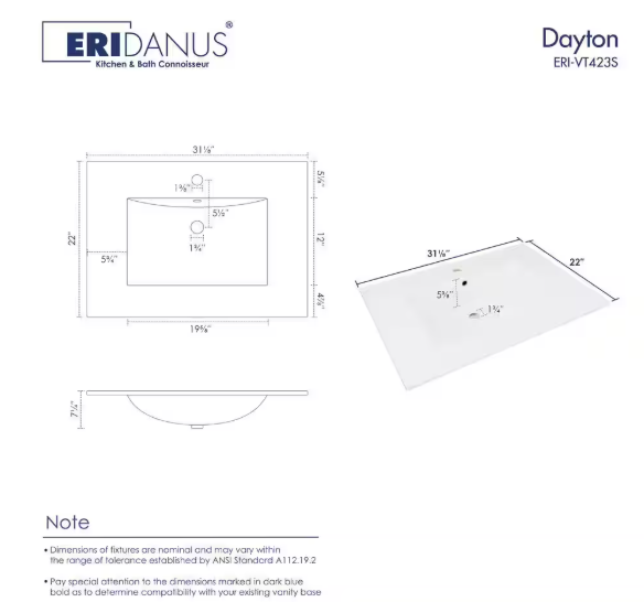 Eridanus Dayton 31 in. W x 22 in. D Vitreous China Vanity Top in White with Single Faucet Hole (Sink Only)