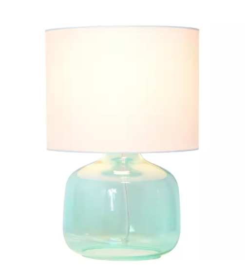 Simple Designs 13.75 in. Aqua Glass Table Lamp with Fabric Shade