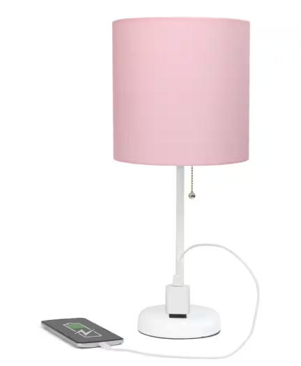 Creekwood home 19.5 in. Contemporary Bedside Power Outlet Base Standard Metal Table Desk Lamp in White, Pink Shade, with LED Bulb CWT-2008-PO-LB