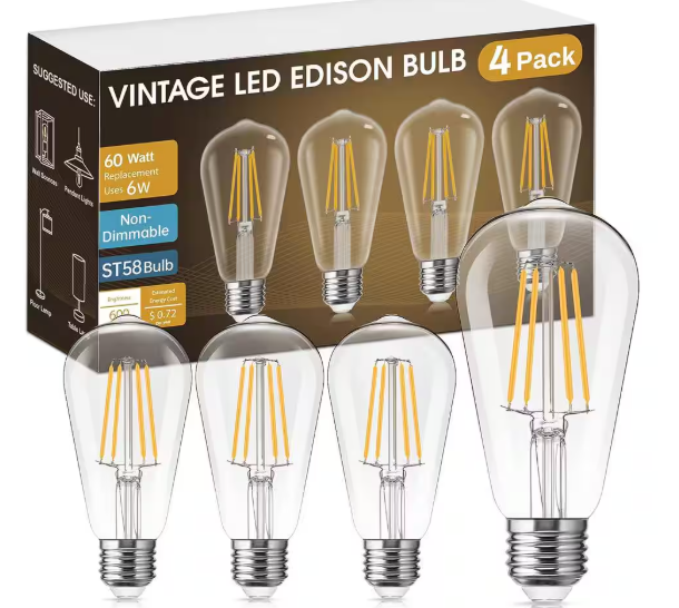 YANSUN ST58 E26 Medium Base 60 Watt Equivalent Vintage LED Edison Filament Light Bulb Warm White 2700K (4-Pack) H-FB04004W6E26-4