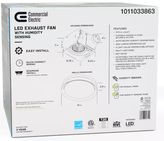 Commercial Electric 80 /110 CFM Ceiling Mount Room Side Installation Round Bathroom Exhaust Fan with LED, Night Light and Humidity Sensor BF1107