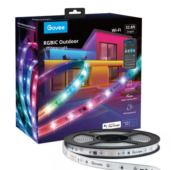Govee RGBIC 36-Watt Equivalent 32.8 ft. Integrated LED Smart Color Changing Outdoor Black Wi-Fi Enabled Strip Light (1-Strip) H6172AD1