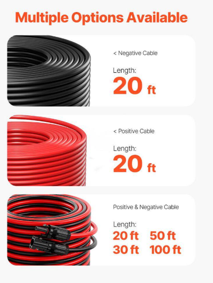 VEVOR 20 ft. Solar Panel Extension Cable 10AWG Solar Extension Cable Wire with Female and Male Black Plus Red (Set of 2) TYNDCBYZXSX2LY04QY3