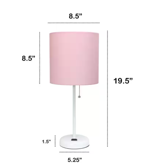 Creekwood home 19.5 in. Contemporary Bedside Power Outlet Base Standard Metal Table Desk Lamp in White, Pink Shade, with LED Bulb CWT-2008-PO-LB