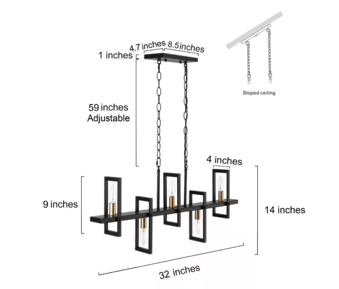 Uolfin Modern Rectangle Dining Table Chandelier Transitional 5-Light Black and Brass Kitchen Island Candlestick Chandelier 17VFQEHD23984VF