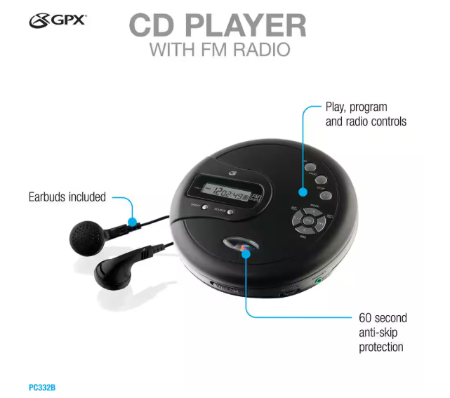 GPX Portable CD Player with FM Radio and 60-Second Anti Skip PC332B
