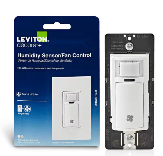 Leviton Decora In-Wall Humidity Sensor for Bathroom Exhaust Fan Control Switch, 1/4 HP, Residential Grade, Single Pole, White R02-DHS05-1LM