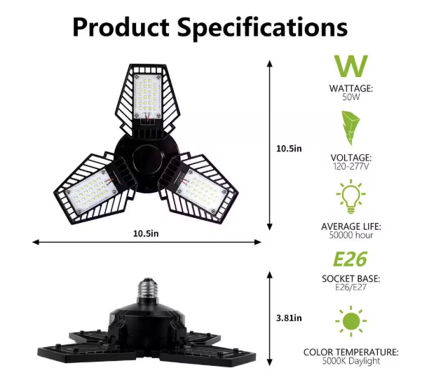Pinegreen Lighting 350-Watt Equivalent 6,000 Lumens 3-Panel Foldable Garage LED Light Bulb E26 5000K CCT CL-BU-P60