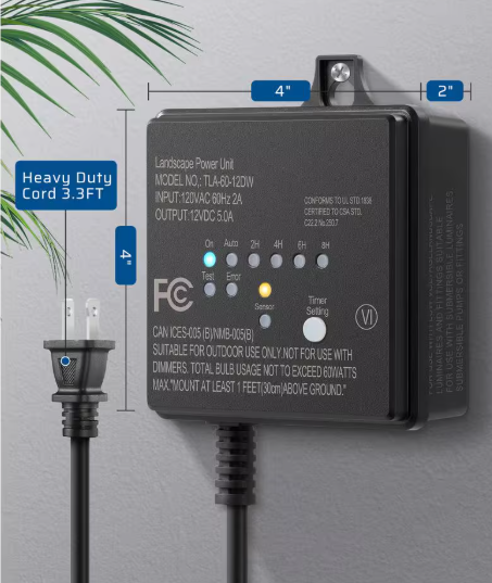 DEWENWILS Low Voltage 60-Watt Polycarbonate Landscape Lighting Outdoor Transformer w/Photocell Sensor and Timer, 120V AC to 12V DC HOSL02A