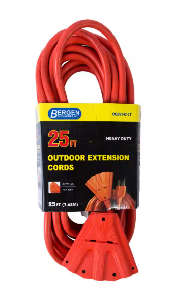 Bergen Industries 25 ft. 14/3 SJTW 15 Amp/125-Volt Outdoor Triple Tap Extension Cord, Orange OC251433T