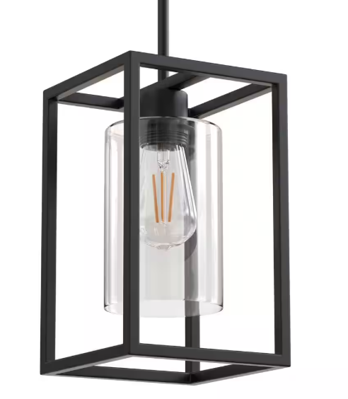 YANSUN 7 in. 1-Light Rectangle Black Pendant Light with Clear Glass Shade for Kitchen Island, E26 Bulbs Included H-DZ083