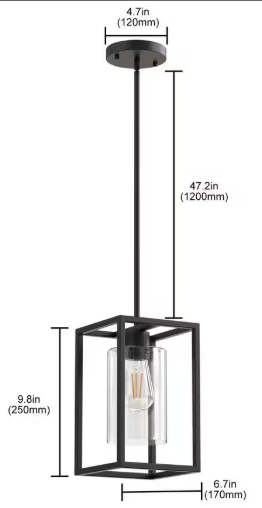 YANSUN 7 in. 1-Light Rectangle Black Pendant Light with Clear Glass Shade for Kitchen Island, E26 Bulbs Included H-DZ083