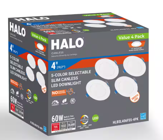 HALO HLBSL 4 in. Can Less Integrated LED, 600 Lumens, 5CCT, White (4-Pack)